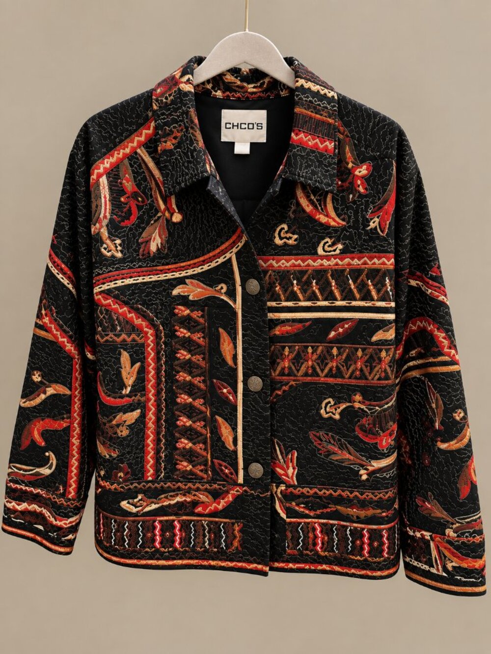 Chico's Size 3 Tapestry Patchwork Embroidered Jacket Black Red Gold Artsy XL 16